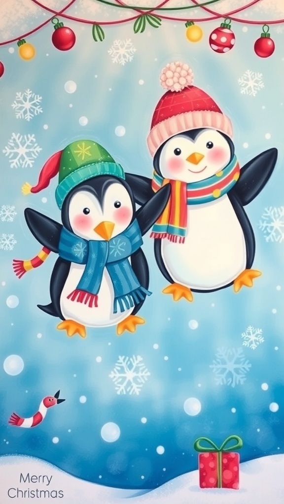 A festive Christmas painting of penguins in winter attire with snowflakes.